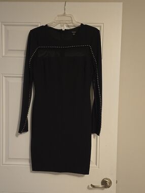 Guess Black Long-Sleeve Studded Bodycon Dress with Sheer Yoke